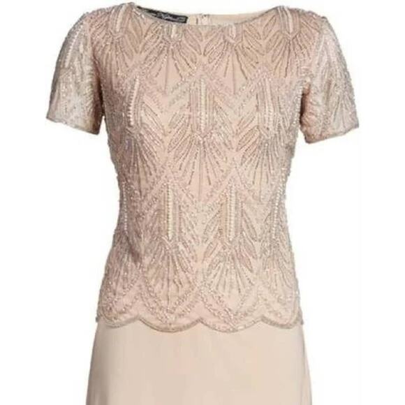 Pisarro Nights Beaded Bodice Chiffon Gown Size 4 Blush NWT Short Sleeve Formal - Picture 2 of 2
